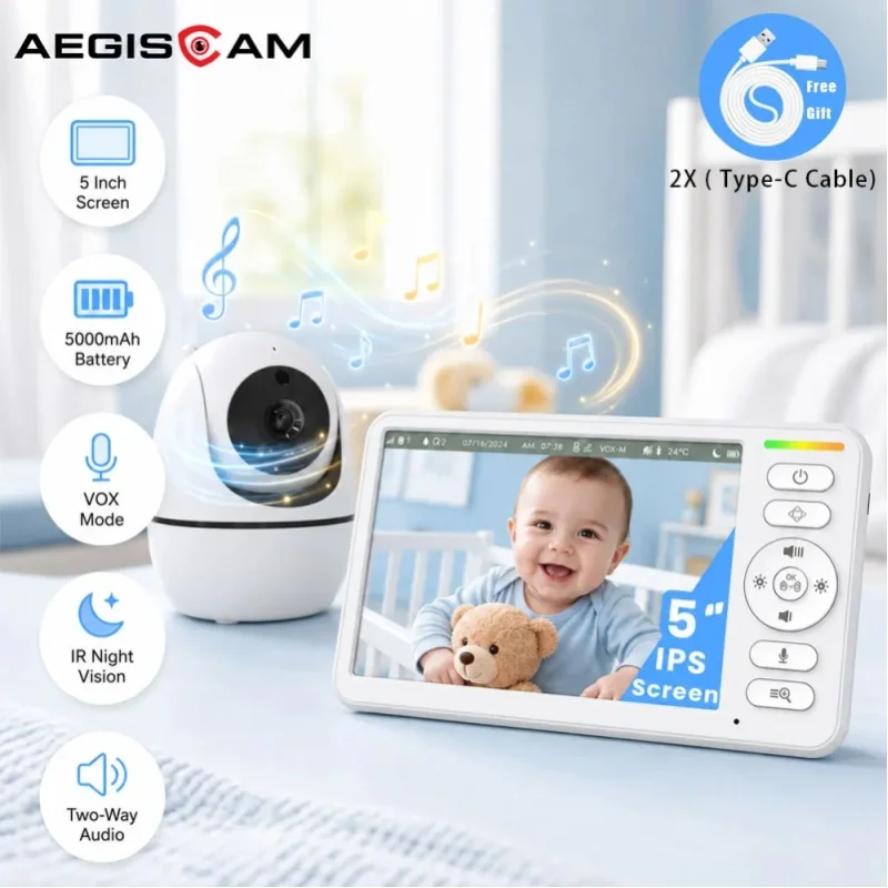 Tragbarer 5-Zoll-Bildschirm Video-Babymonitor 5000mAh Langlebiger Akku Lokale Verbindung PTZ-Kamera mit VOX-Tonaktivierung Temperaturwarnung Beruhigende Schlaflieder Infrarot-Nachtsicht