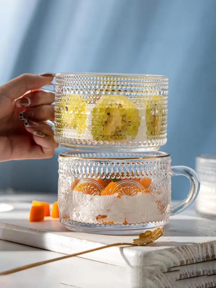 Nordic Large Capacity Phnom Penh Glass Oatmeal Breakfast Mug Home Milk Mug Floral Belt Handle Coffee Cup