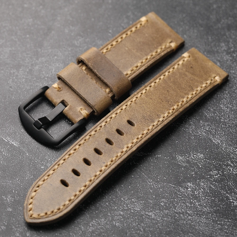 Handmade Layer Cowhide Leather Strap 20 22 24MM Retro Style Thickening Men Suitable For Military Watches Watch Bracelet