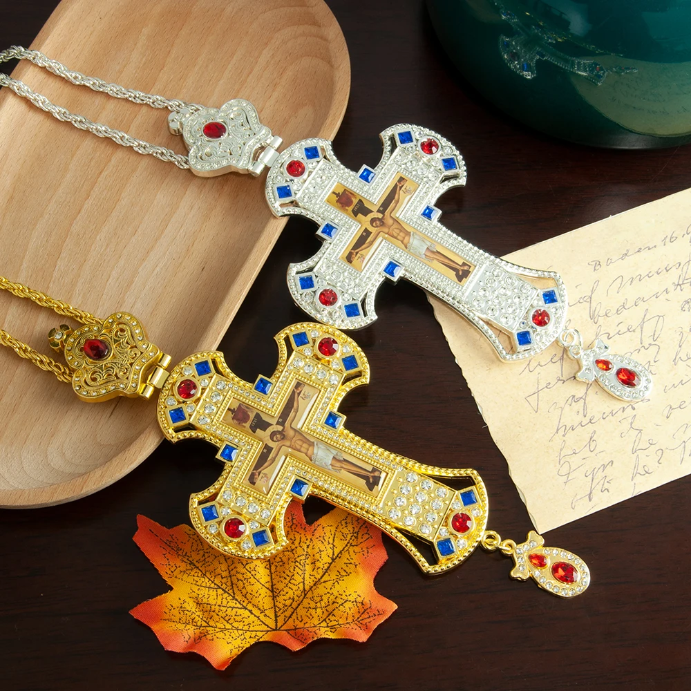 

Orthodox Religious Church Greek Priest's Pectoral Cross Necklace with Double Plated Colorful Diamond Bishop Religion Gift