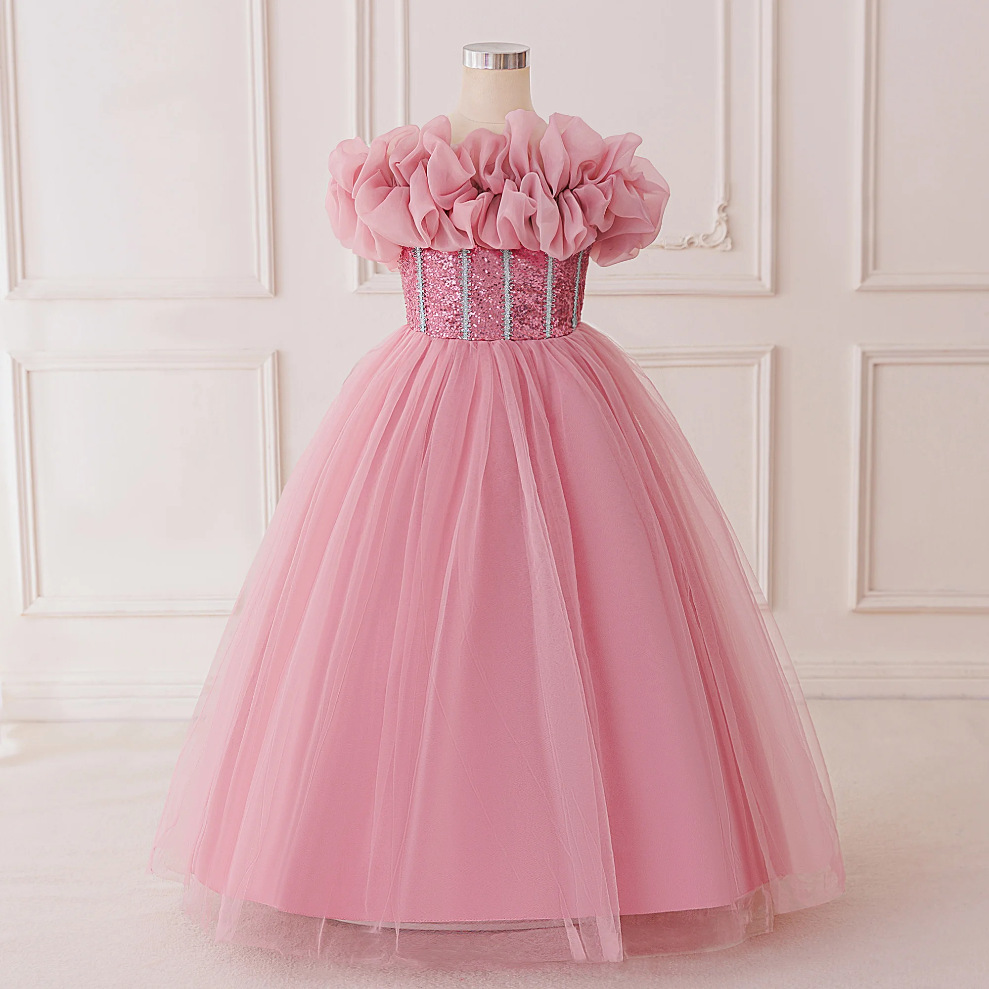 Flower Bridesmaid Girls Party Dress Elegant Sequin Wedding Princess Prom Gown Dresses Birthday Graduation Ceremony Kids Clothing