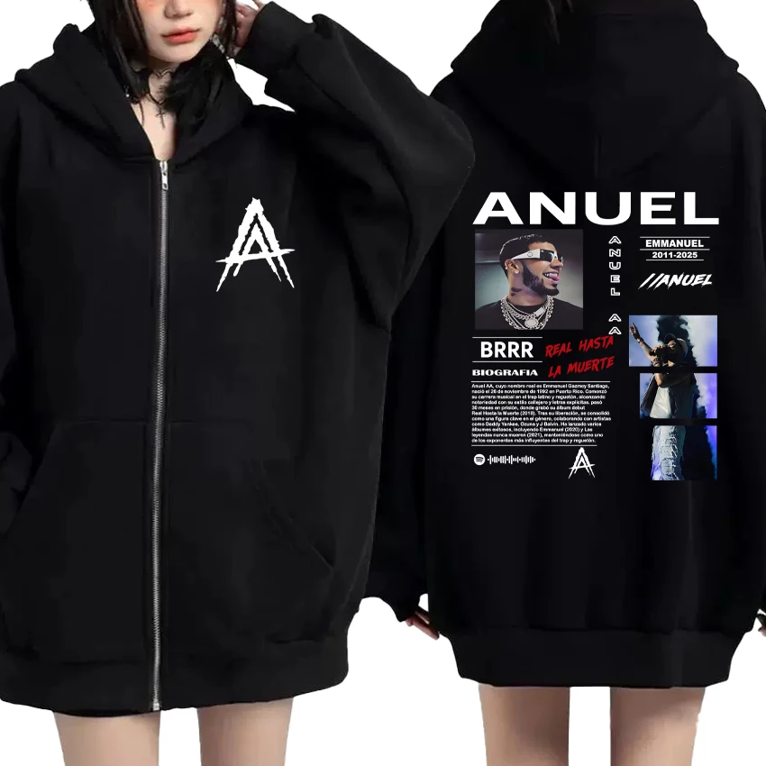 

High Quality Zipper Hoodie Rapper Anuel AA Graphic Double Sided Print Album Fleece Zip Up Sweatshirt Men Women Pullover Unisex