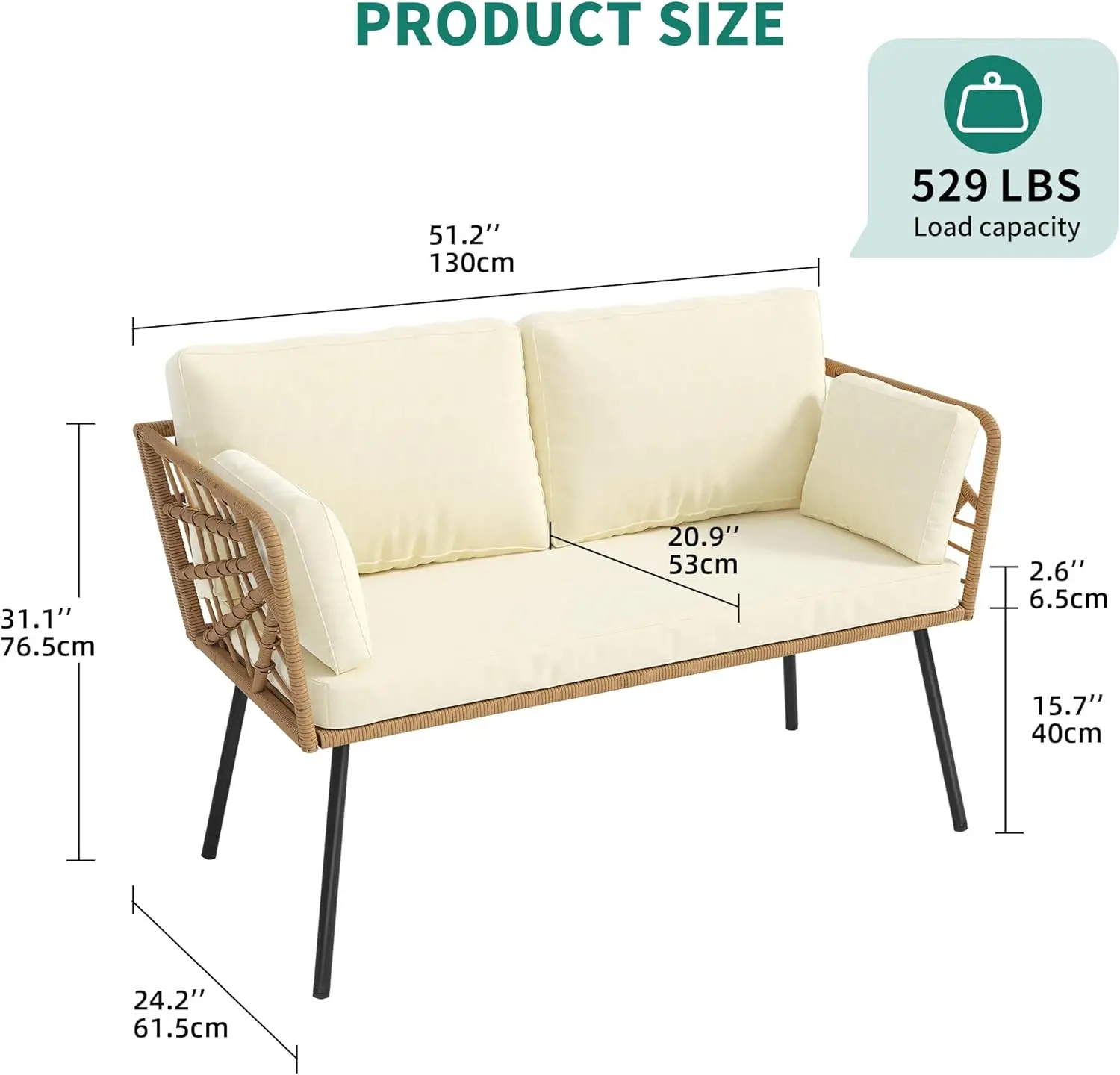 Wicker Outdoor Loveseat, All-Weather Pátio Sofá, Mobiliário Seccional Conjunto com Mesa e Almofadas