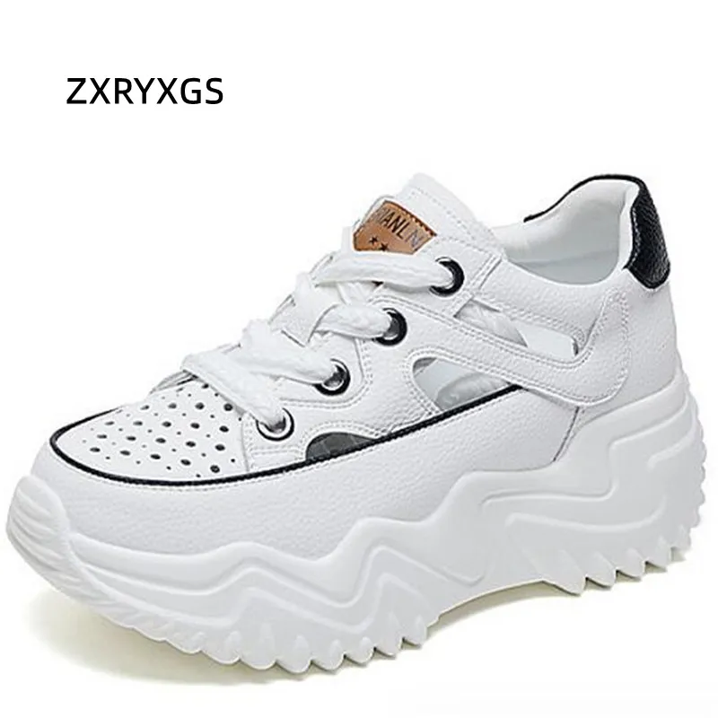 ZXRYXGS 2024 Cowhide Hollow Summer Women Sneakers Sandals Platform Non-slip Inner Heightening Shoes Casual Sneakers Trend Shoes