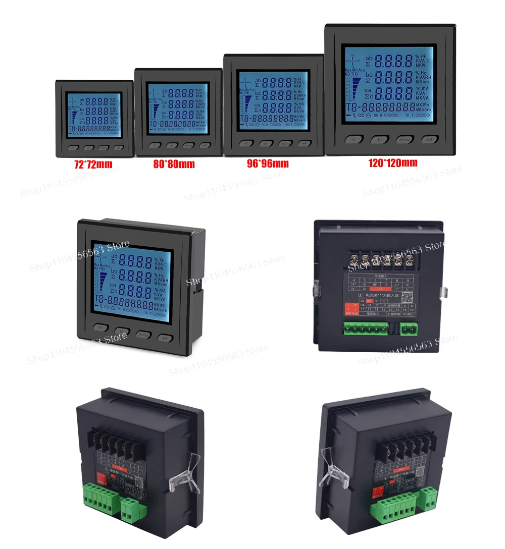3 phase power meter Short case ampere voltage kwh watt var power factor frequency LCD multifunction meter