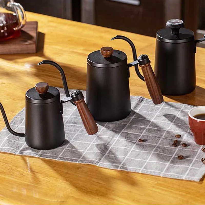 580ml Stainless Steel Drip Coffee Pot  Nonstick Gooseneck Drip Coffee Pot Wooden Handle Coffee Pot with Thermometer