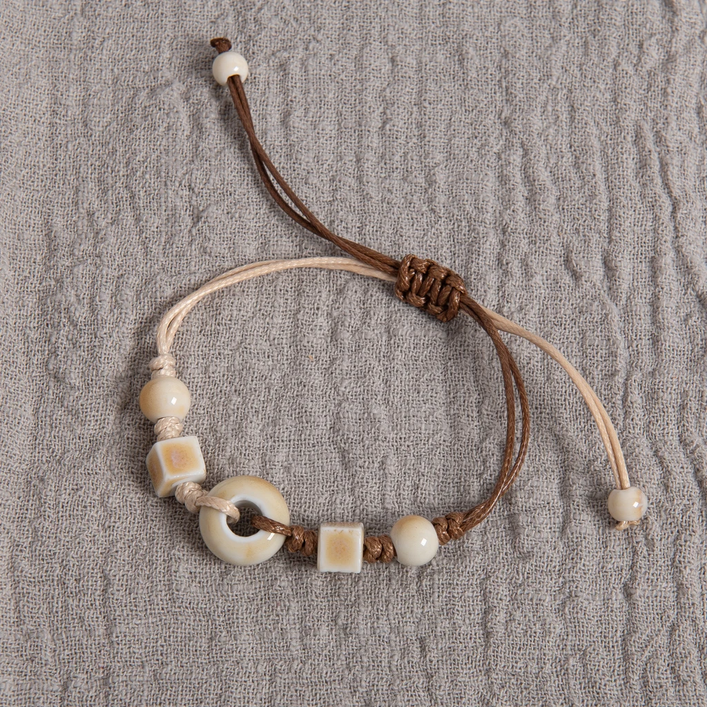Minimalist White Ceramic Abacus Bead Handmade Bracelet Adjustable Double Cord Retro Rope Jewelry S03-125