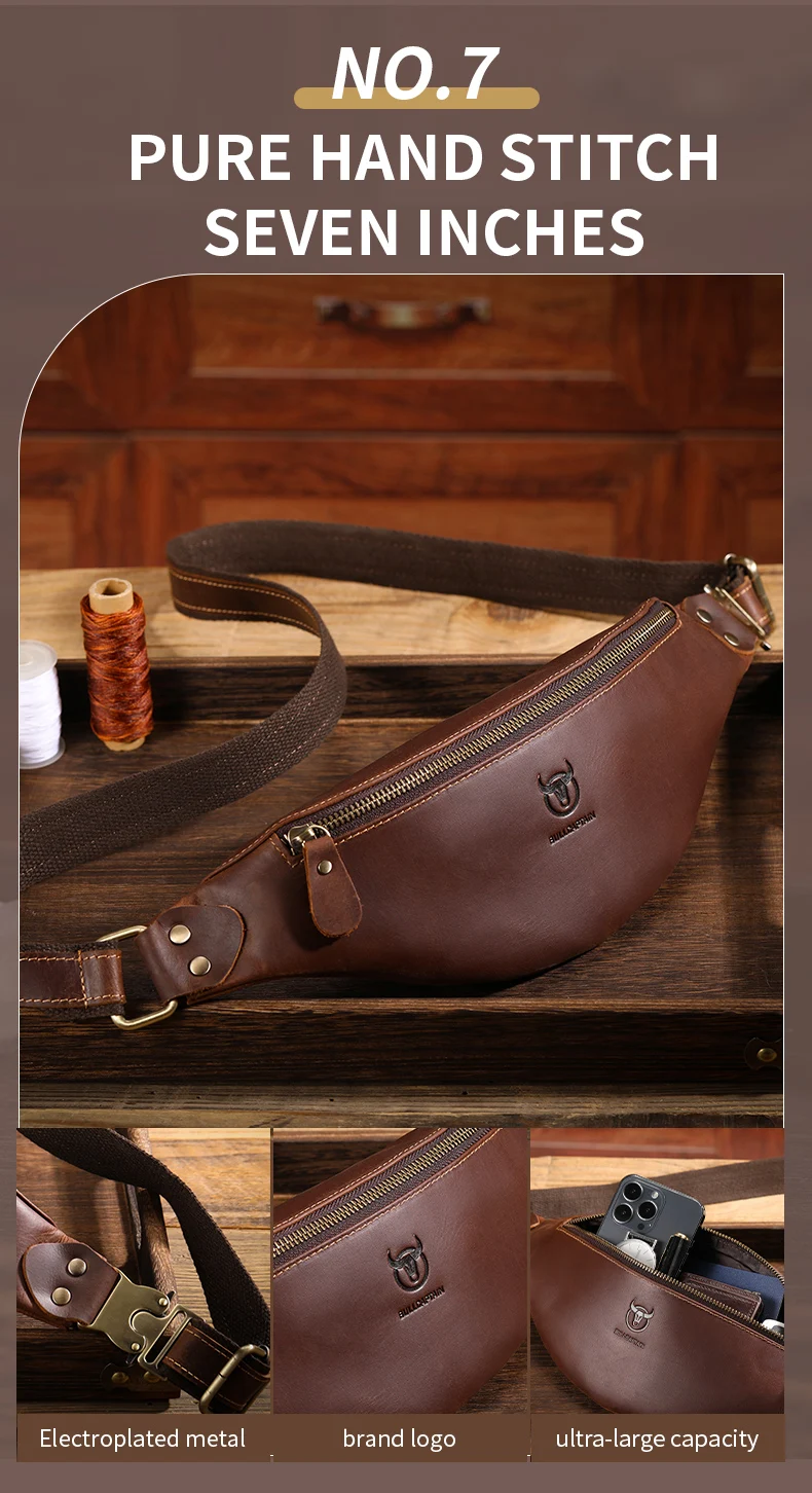 BULLCAPTAIN Herren-Gürteltasche aus Crazy Horse-Leder, klassische Retro-Umhängetasche, Aufbewahrung im Freien, Bergsteigen, Handytasche – Detail 8