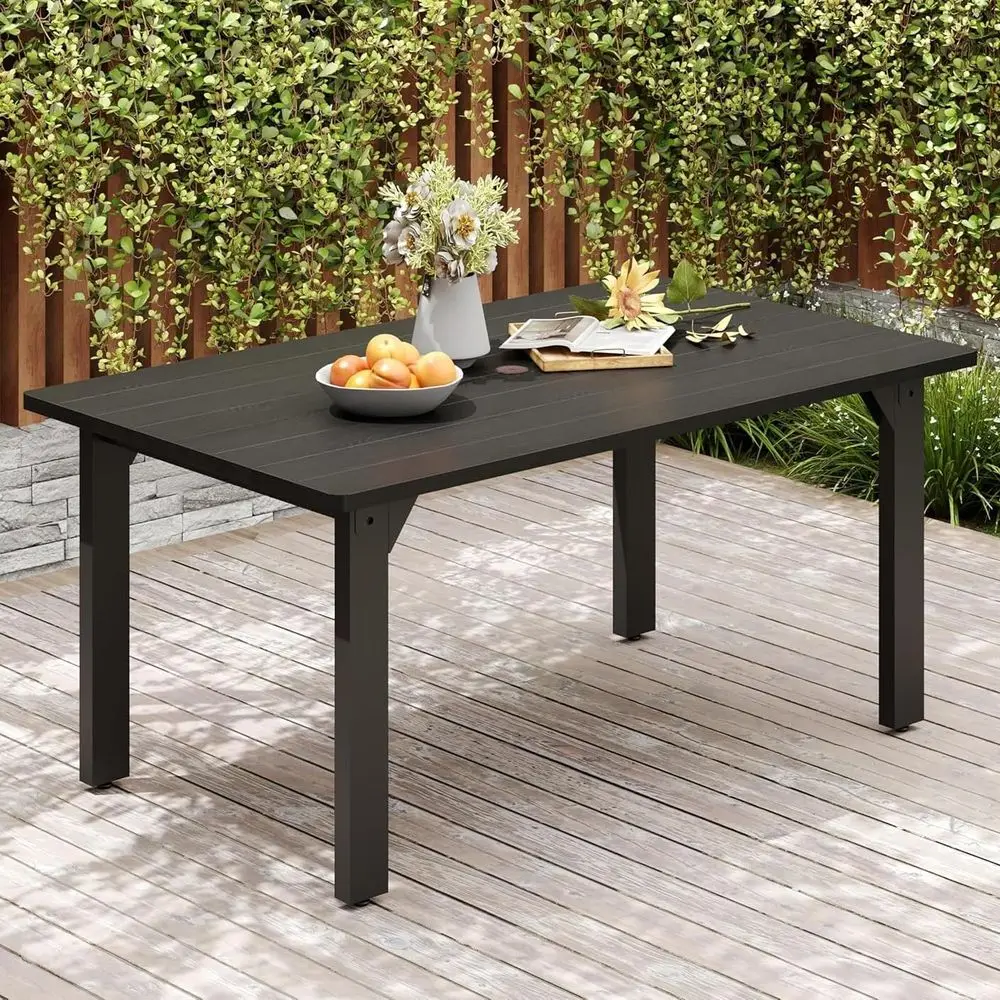 

Patio Dining Table or 6, 60 inch Metal Outdoor Table with Wooden-Like Top, Recular Tables with Umbrella Hole or Backyard Yawn Ga