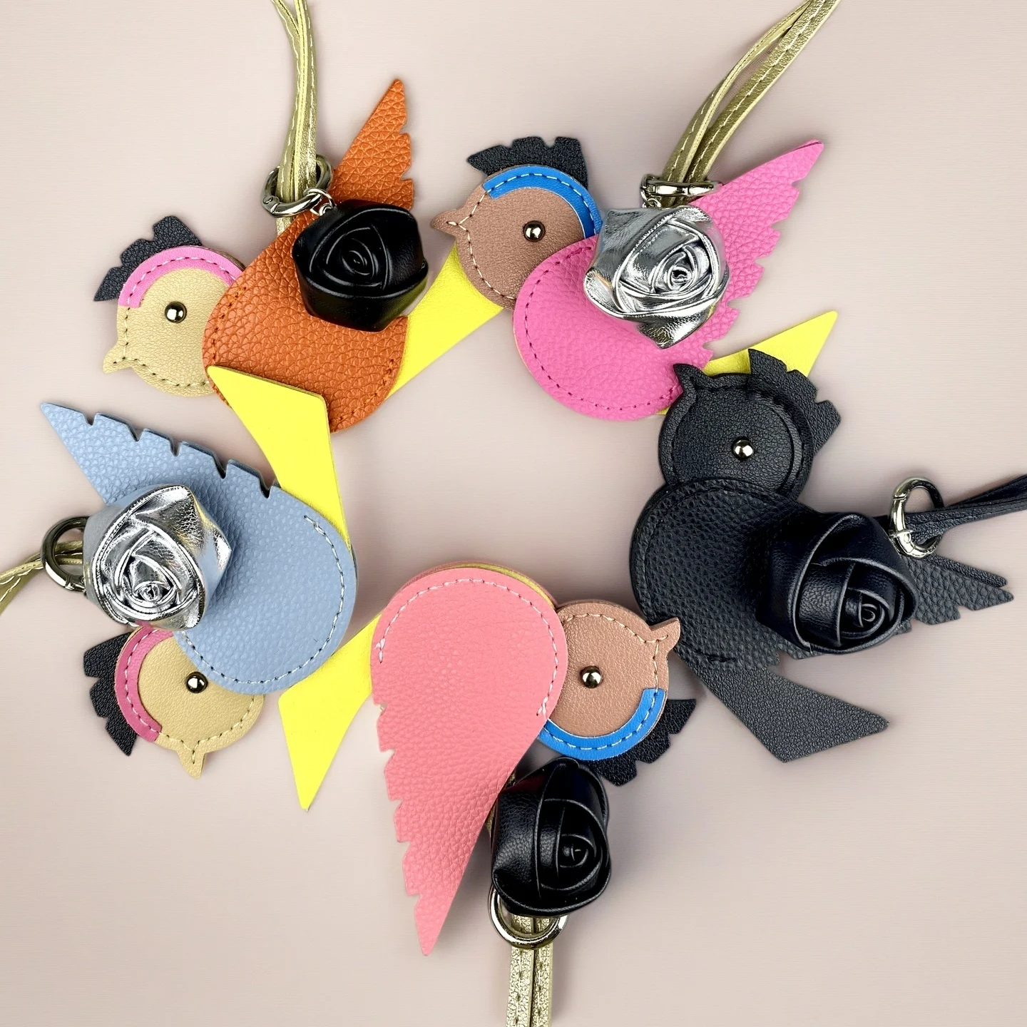 Beautiful PU Leather Bird & Rose Charm Set/Bright, Handcrafted Keychain Bag Accessory for Women/Unique Gift for Purse, Backpack