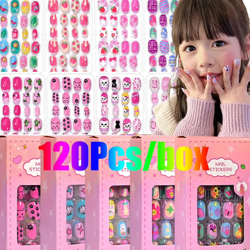 120Pcs Per Box Cute Cartoon Press‑On Nail Stickers, Ocean Animal, Fruit, Flower & Heart Pattern False Nail Decals for DIY Nail Art Decorations