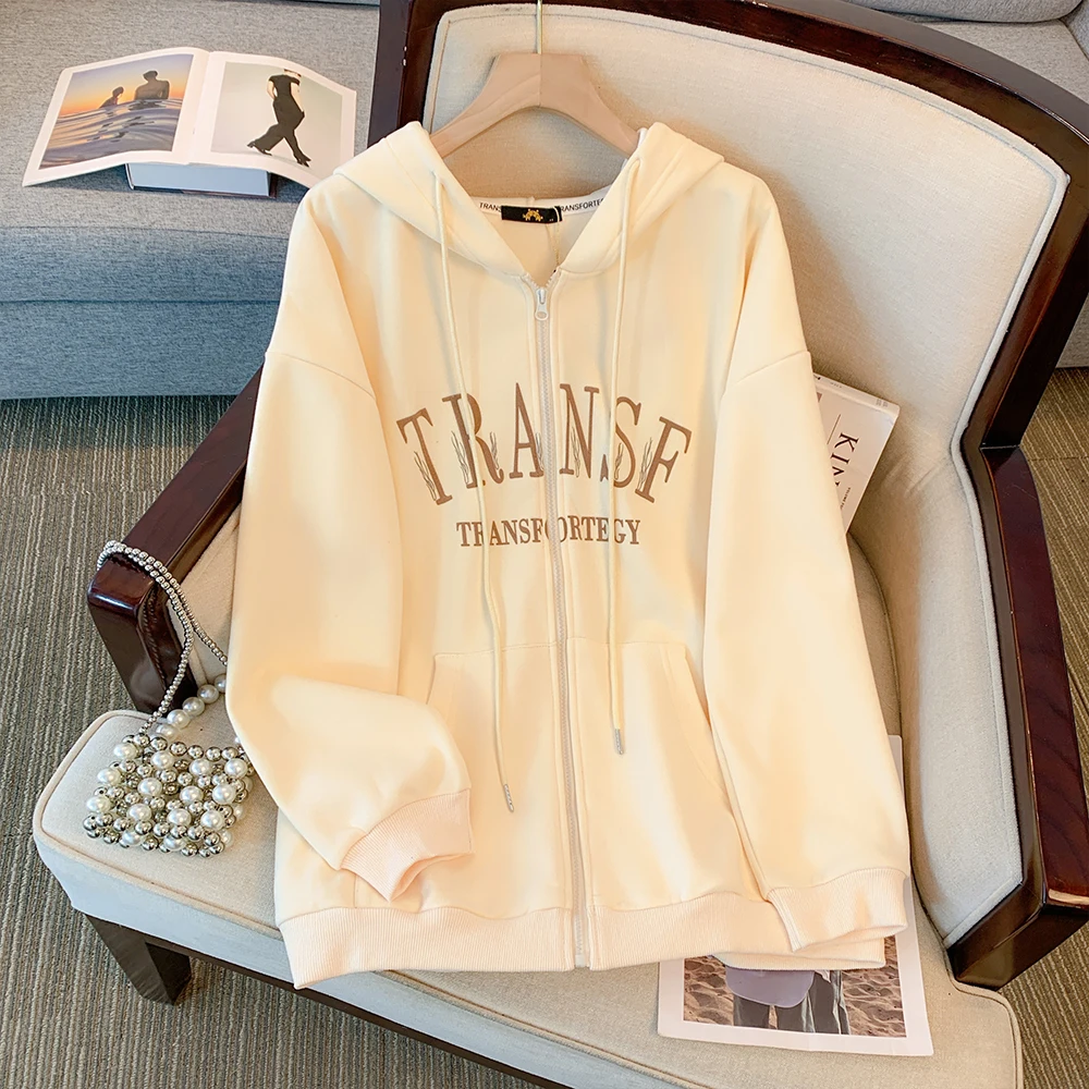 Plus-size women's Fall/Winter Casual Commute Loose comfortable cotton jacket Black letter-print zipper hooded long-sleeved top