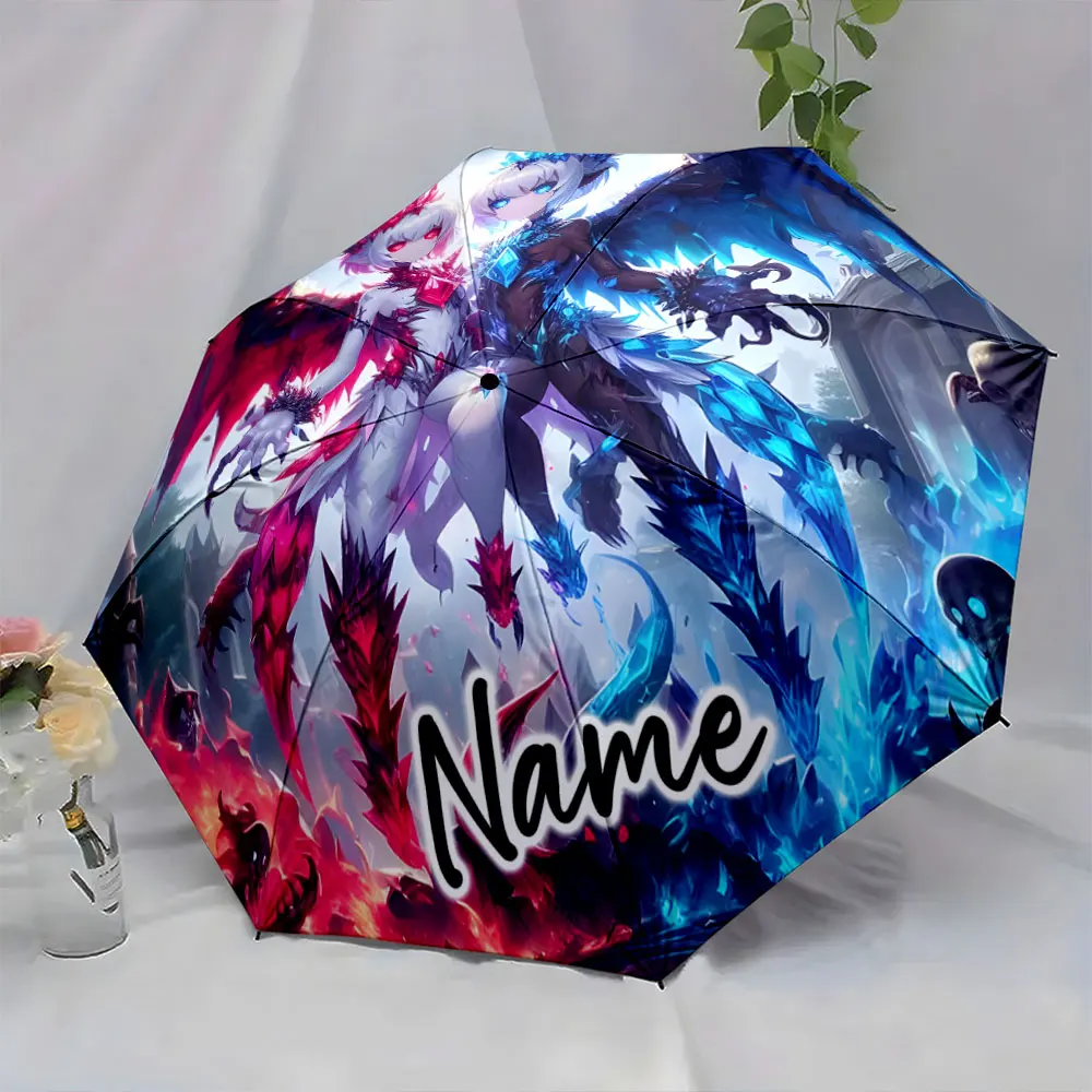 Custom Name Fantasy Umbrella with Red and Blue Winged Characters Print 8 Iron Ribs Folding Umbrella Auto-Open Fashion Sunshade
