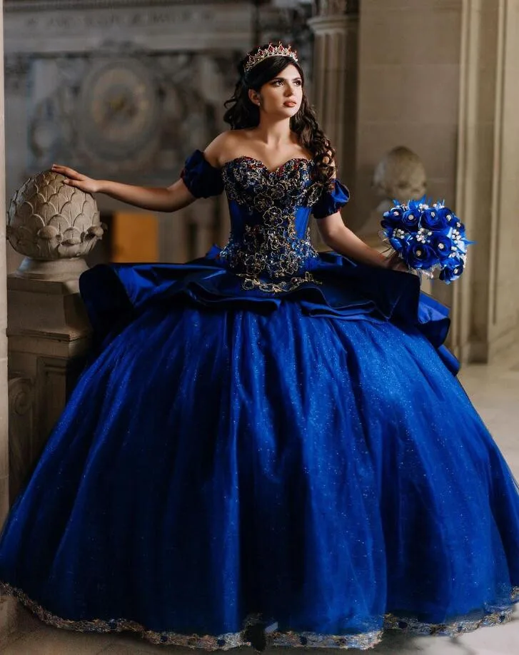 King Blue Princess Ball Gown Quinceanera Dress Puffy Off Shoulder Gillter Applique Beaded vestido debutante 15 anos tema galáxia