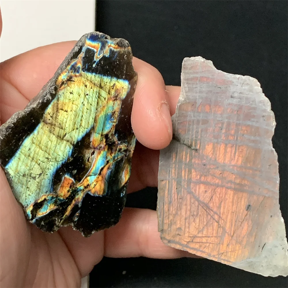2PCS Sliced Irregular Natural Yellow Purple Pink Light Labradorite Ornaments 1SET Colorful Light Labrador Stones Specimen Blocks