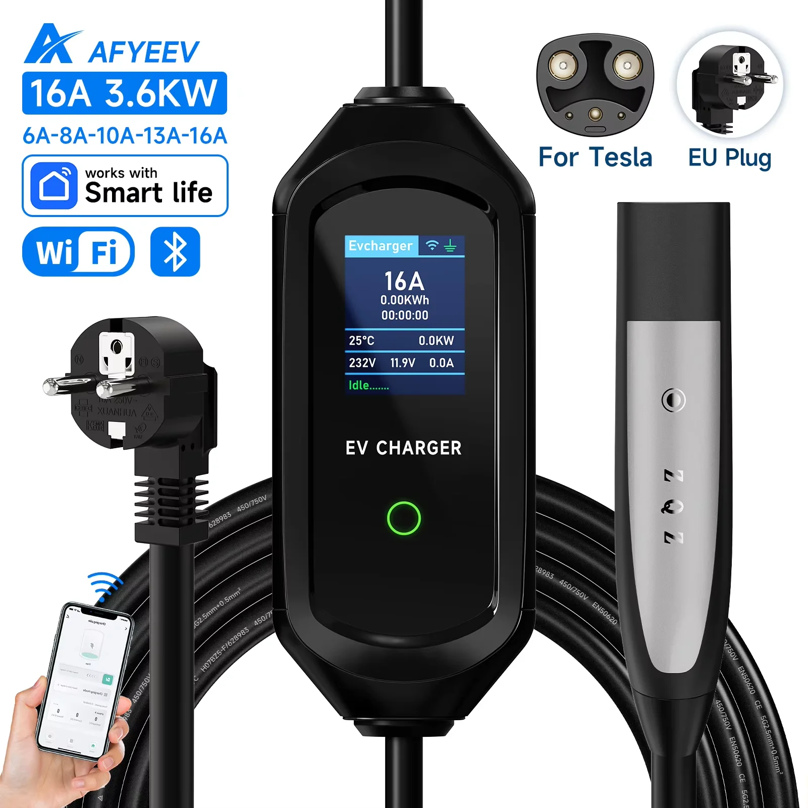 AFYEEV 16A/32A Portable EV Charger For Tesla EVSE Charging Box EU US CEE Plug Electric Car Charger For Tesla Model X/Y/S/3