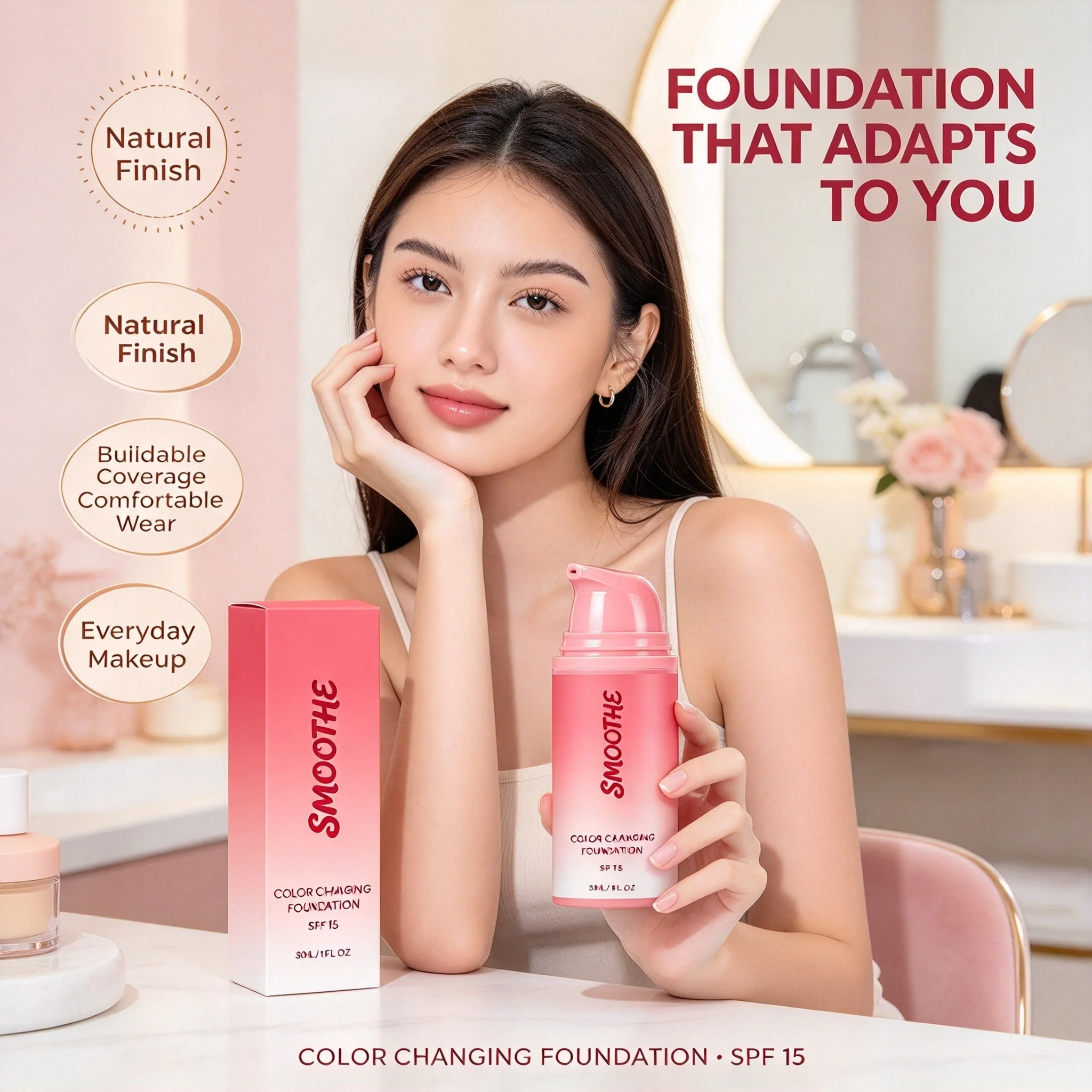 Smoothe Color Changing Foundation 30ml, SPF15 Skin Matching Liquid Foundation, Long Lasting Full Coverage Natural Makeup Base