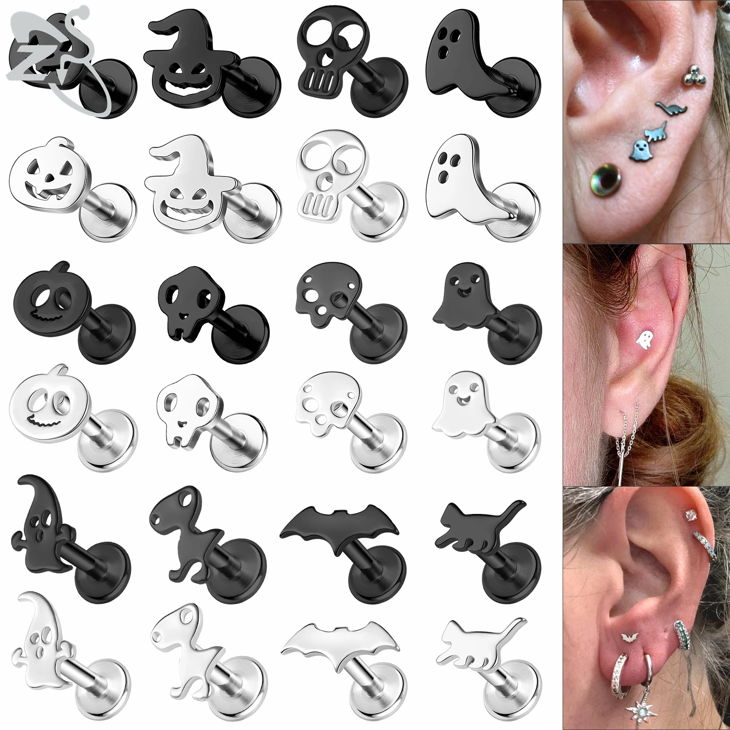 

ZS 1 PC 16G Halloween Stainless Steel Lip Studs Women Men Punk Stud Earrings Bat Ghost Cat Labret Helix Cartilage Piercing 6/8MM