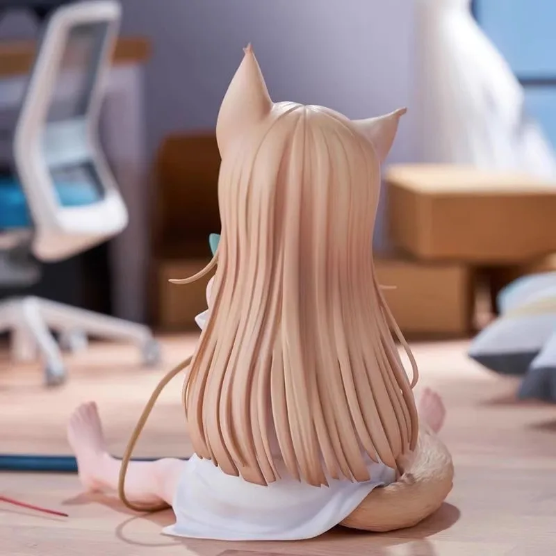 Polvere di fagioli gialli Figura anime Ragazza seduta che mangia pesce Modello di gatto Regalo di compleanno da collezione Robot giocattolo bidimensionale