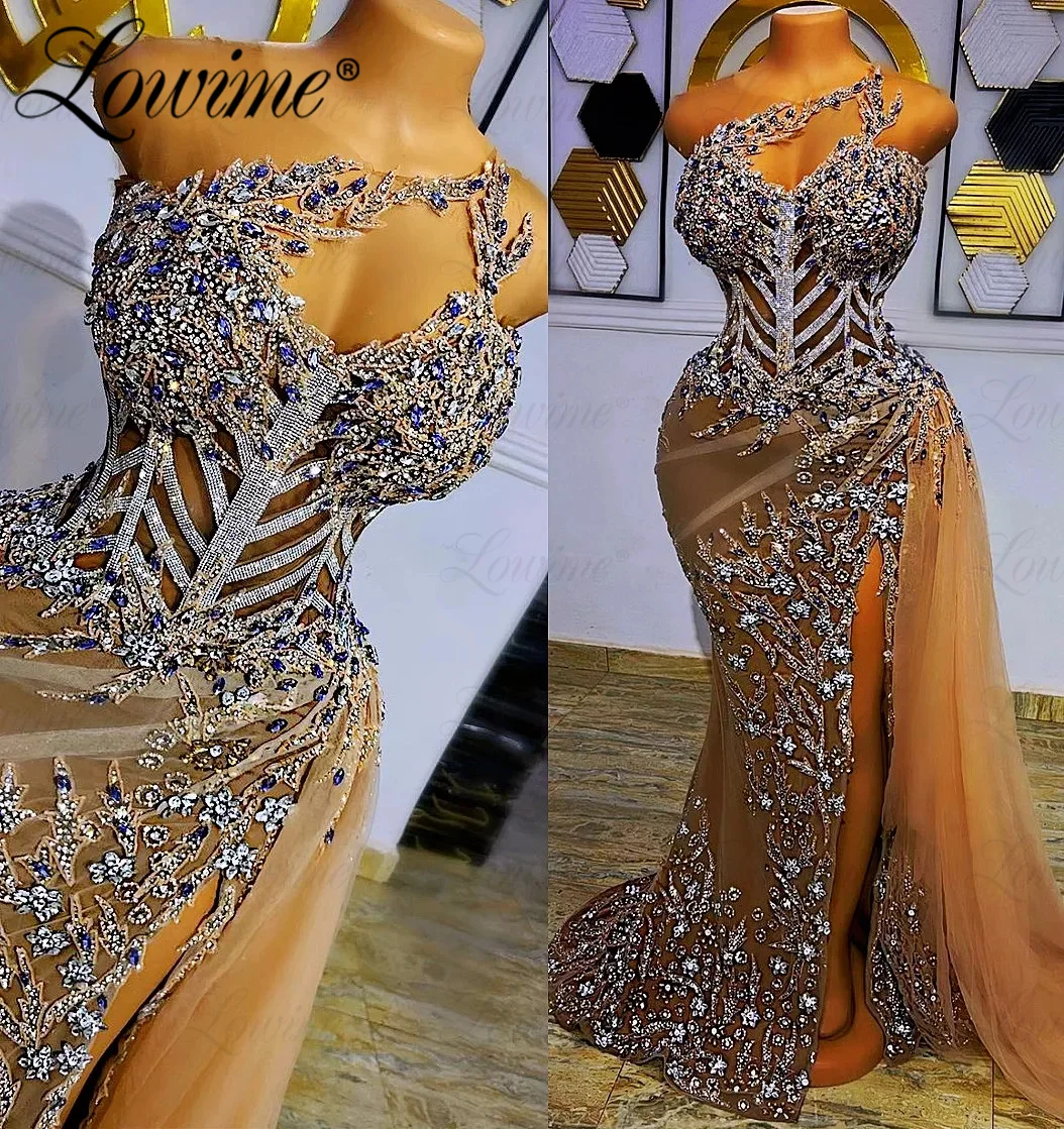 Sexy See Through Party Dresses For Weddings 2023 Custom Made Luxury Crystals Beaded Long Prom Dress High Split Side Evening Gown