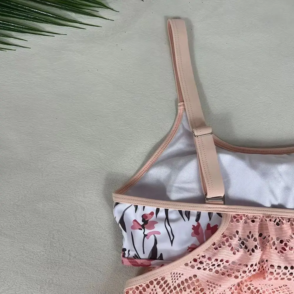 Moda flor sem mangas maiô oco para fora plus size crochê maiô beachwear duas peças de banho piscina