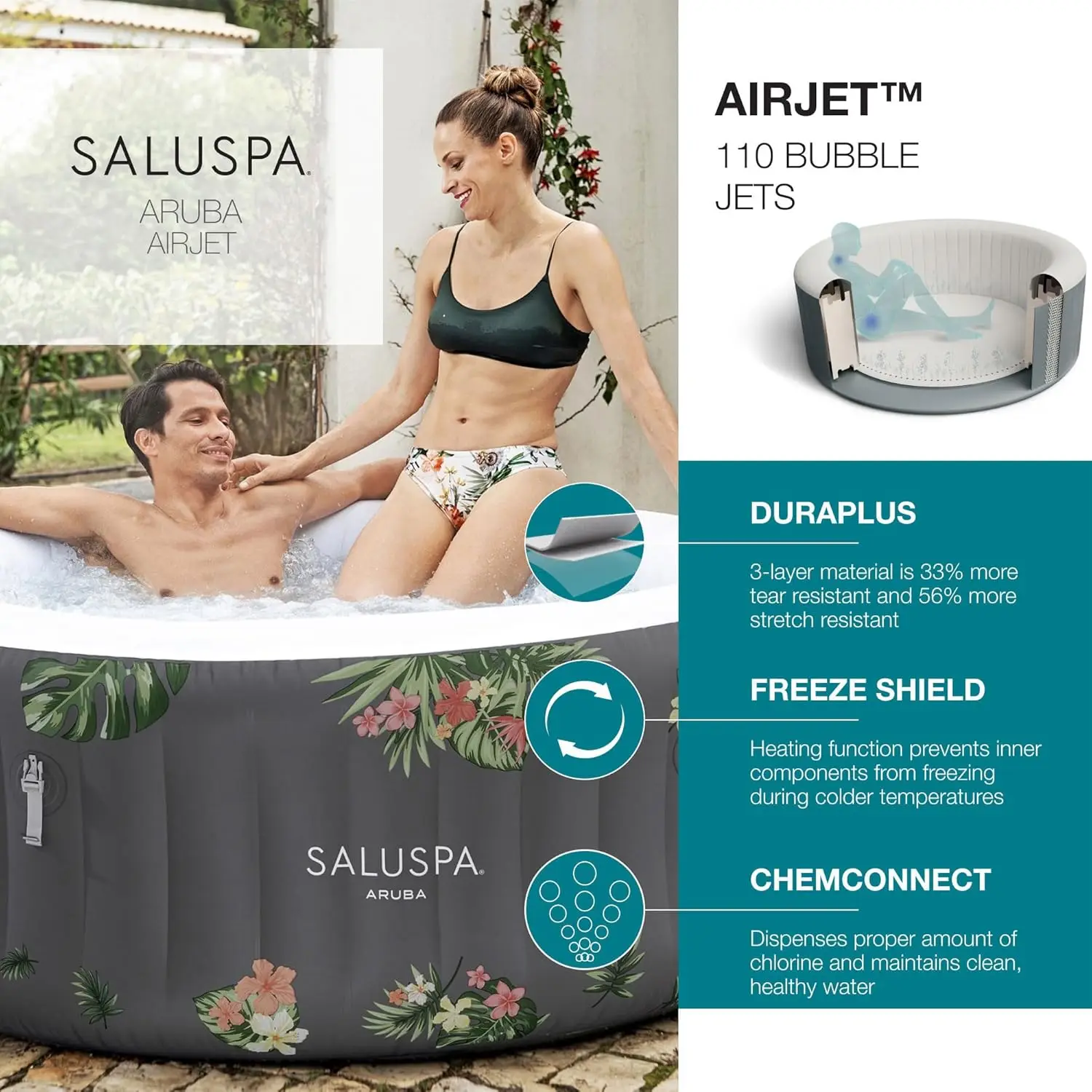 Saluspa Aruba Airjet Inflatable Hot Tub With 110 Soothing Jets, Gray + Spa Seat (2 Pack) + Headrest Pillows (2 Pack)