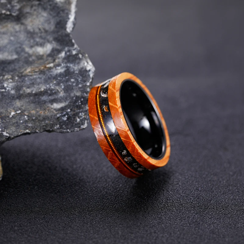 Tigrade 8mm Mens Tungsten Rings Olive Wood Ring Between Guitar Strings Black Sand Metal Slag Engagement Wedding Band Male Ring