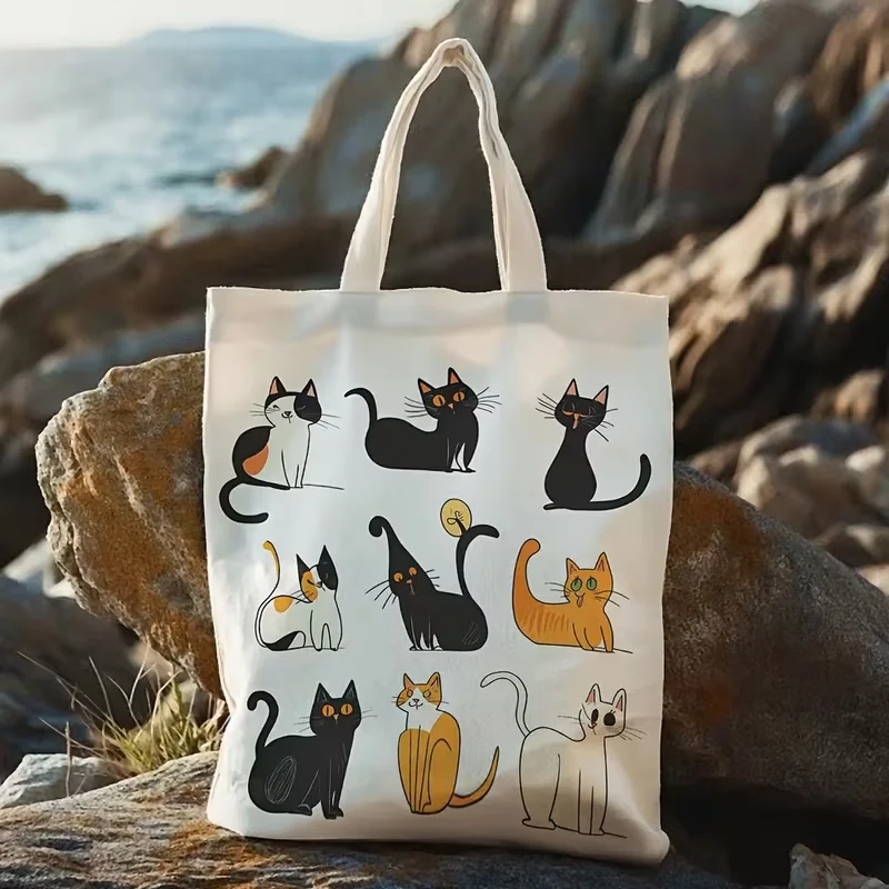 Cute Chibi Orange Cat Holding Hook Print Canvas Tote Bag Handbag For Daily Shopping School Commute Casual Shoulder Bag