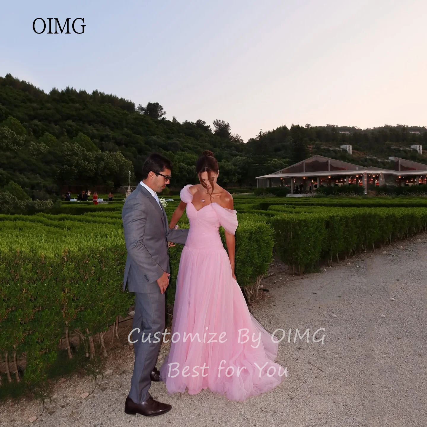 OIMG Dreamy Princess Pink A Line Prom Gowns Off The Shoulder Party Gown Floor Length Evening Dress vestidos de gala Customized image 2