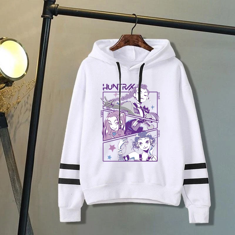 New Kpop Demon Hunters Mira Rumi Zoey Print Hoodie Sweathshirts Men Women Hooded Pullover Unisex Long Sleeve Stripe Hoodie