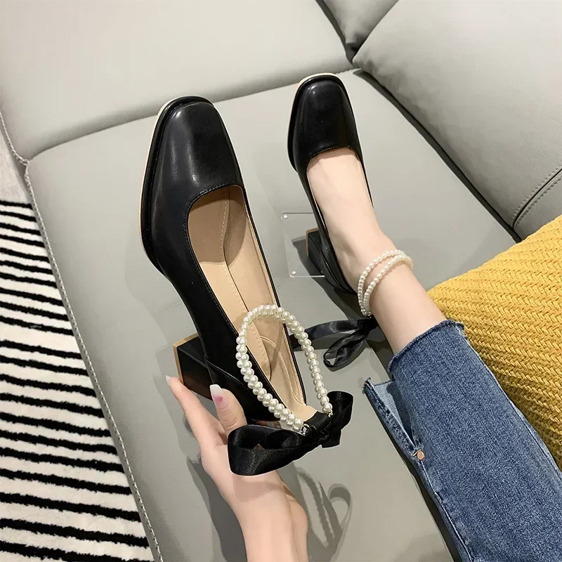 Talons hauts à nœud pour femmes, chaussures à essence Mary, chaussures Parker carrées, bouche peu profonde, chaussures de soirée à la mode, nouveau, 2025