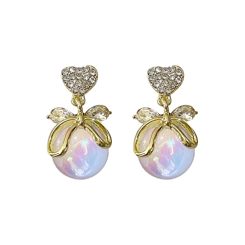 Luxury Crystal Bowknot Imitation Pearl Earrings Shining Zircon Bow Heart Love Dangler for Woman Engagement Wedding Jewelry Gift