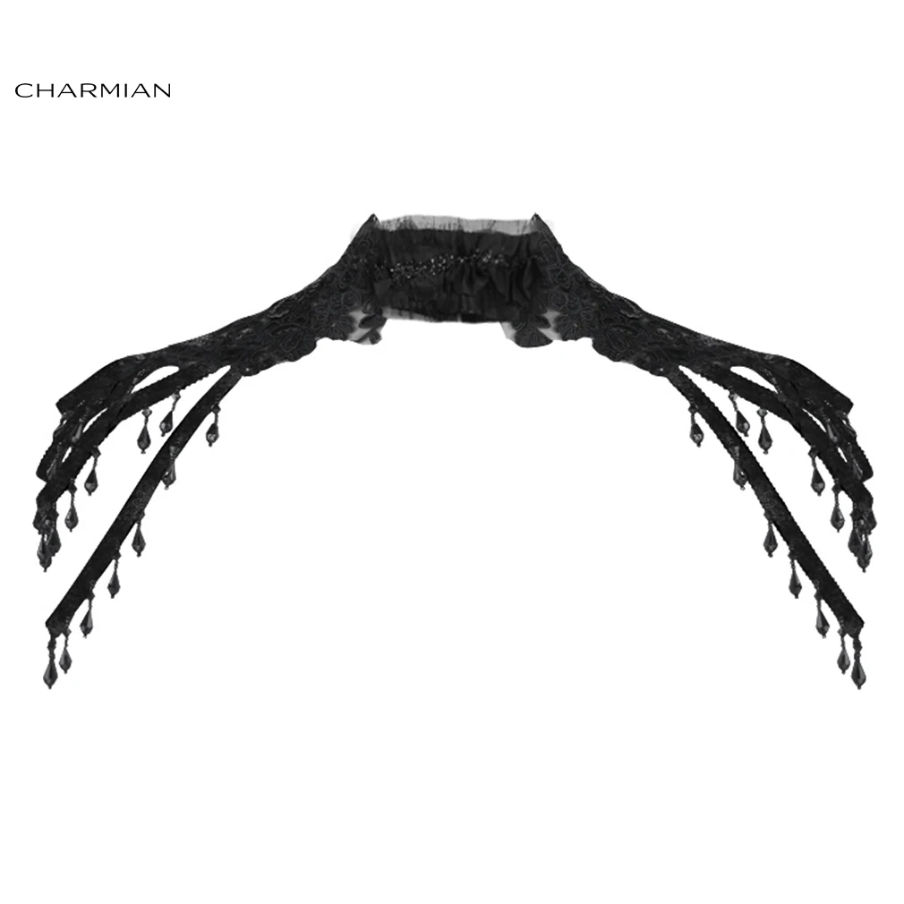 Charmian Gothic Accessories Victorian Black Lace High Neck Beaded Shoulder Chain Cape Sexy Corset Collar Shrug Jewellery Choker