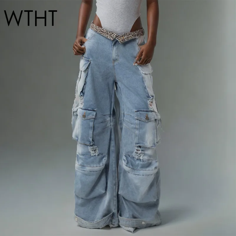 

WTHT Vintage Women's Hole Spliced Pockets Cargo Denim Pants New Fashion 2025 Summer High-waisted Wide Leg Jeans Female 1LS1578