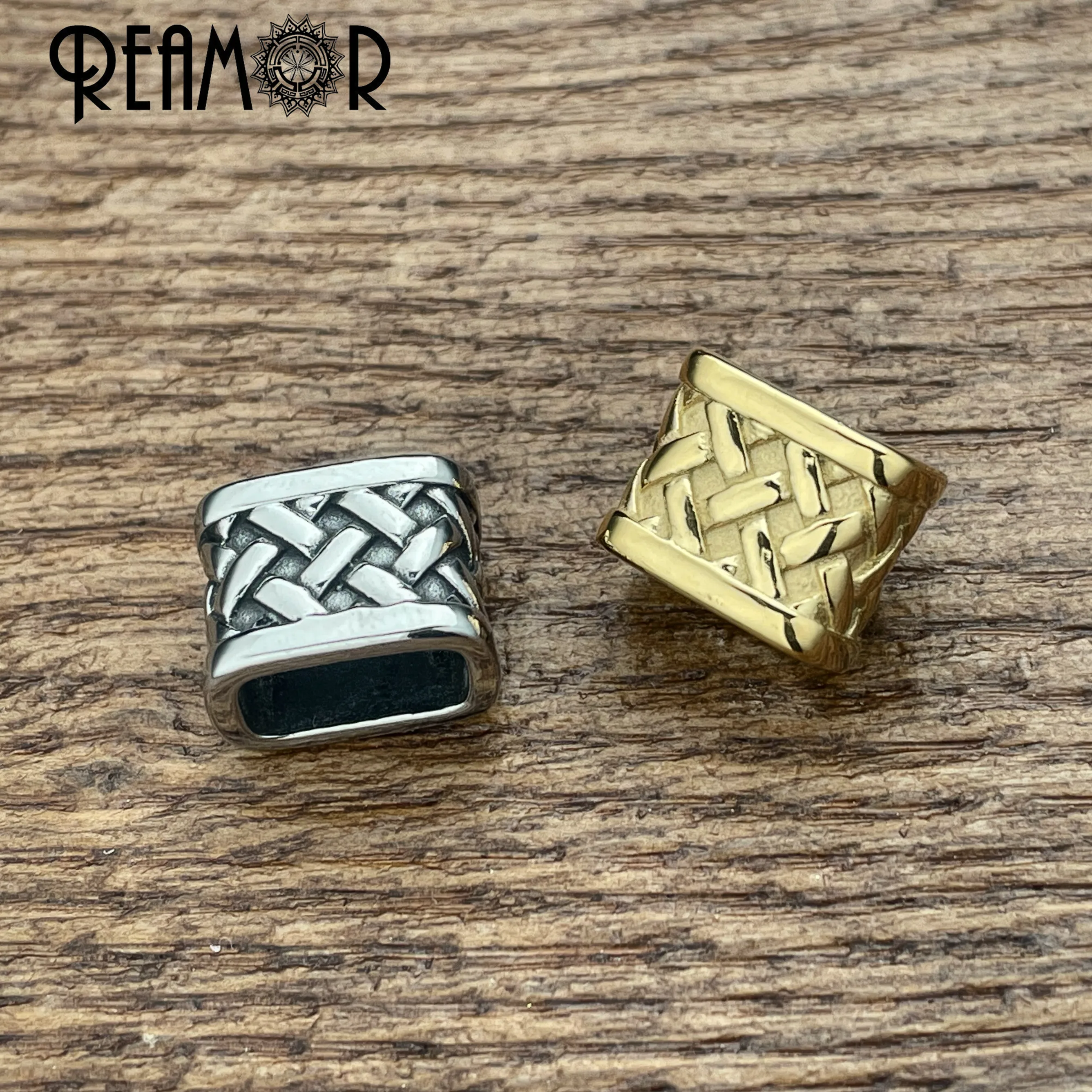 REAMOR 3pcs Gold Color Stainless Steel Geometry Weave Texture Beads 12x6mm Square Hole Punk Bead Fit Jewelry Making Accessories