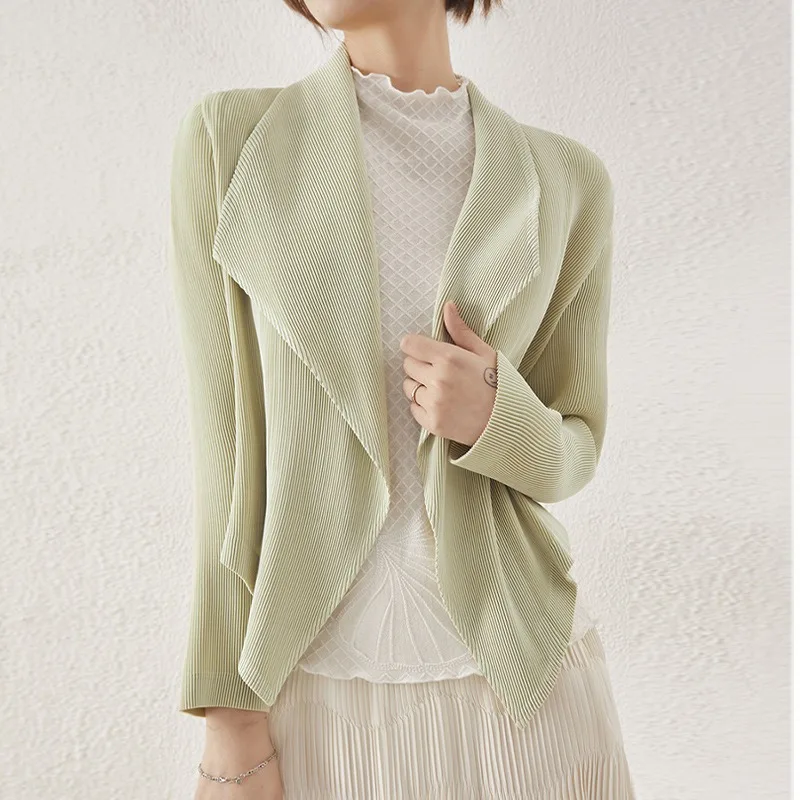 Miyake المرأة 2025 الخريف جديد قميص سترة التلبيب ركاب قصيرة فضفاضة رقيقة مكتب ارتداء دعوى التلبيب كم طويل معطف المرأة