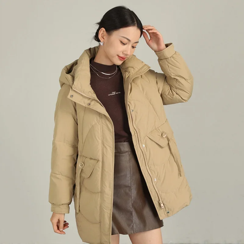 Schinteon-Chaqueta de plumón con capucha para mujer, prendas de vestir gruesas y cálidas, abrigo informal holgado de talla grande con plumón de pato blanco, novedad de 2024