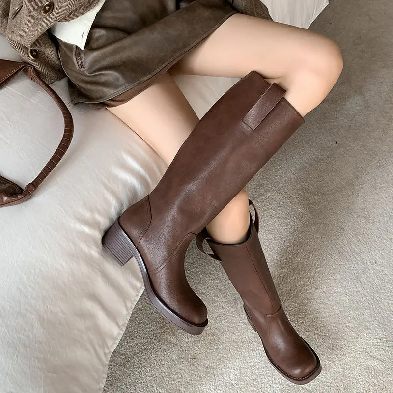 2024 INS Women Knee High Boots Genuine Leather High Boots Autumn Winter Warm Shoes Woman Snow Motorcycle Boots Ladies Shoes