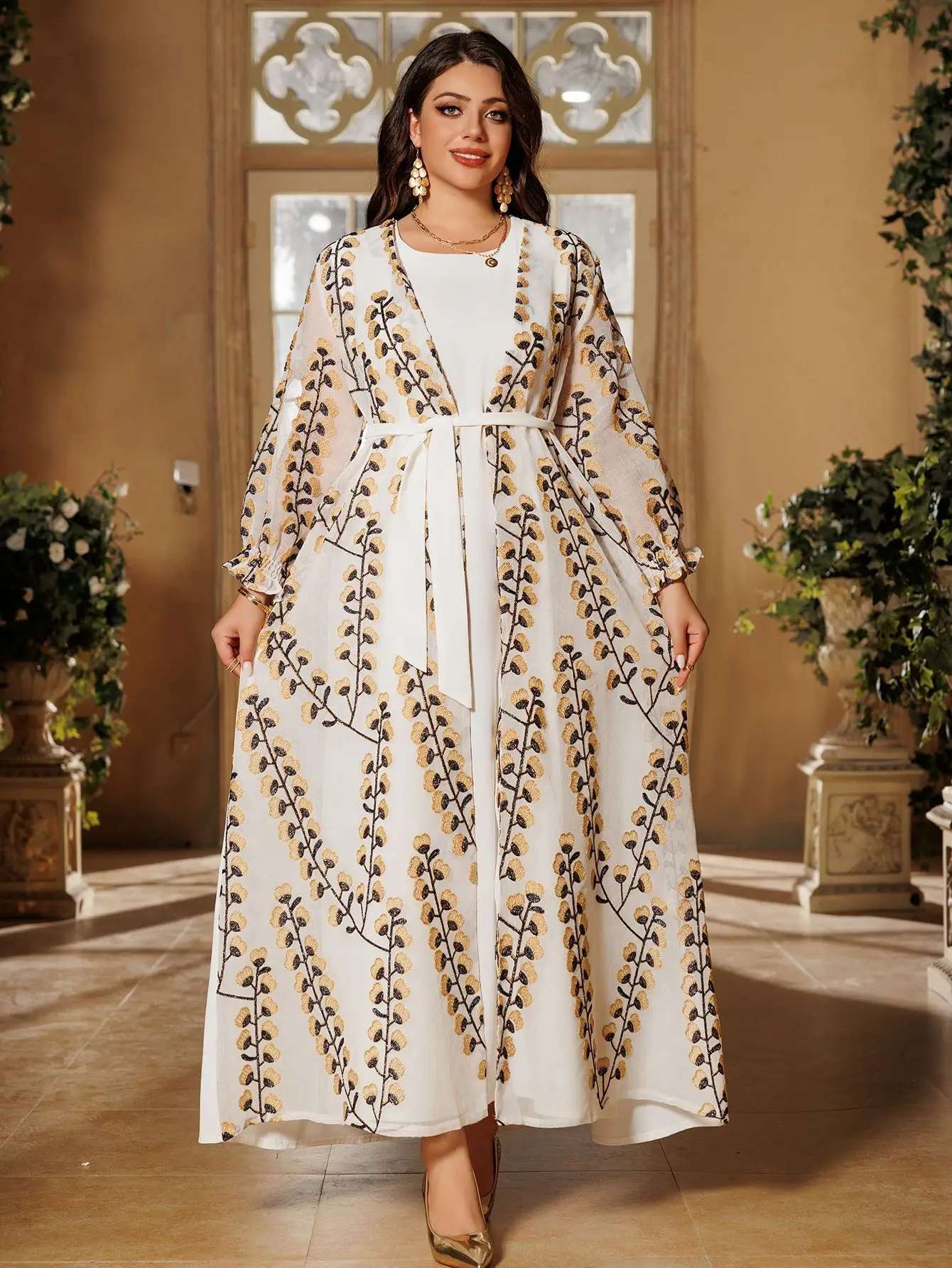 Ramadan Eid Muslim Women Embroidery Kimono Open Abaya Maxi Dress Set 2PCS Caftan Marocain Femme Jalabiya Kaftan Dubai Gown Robe