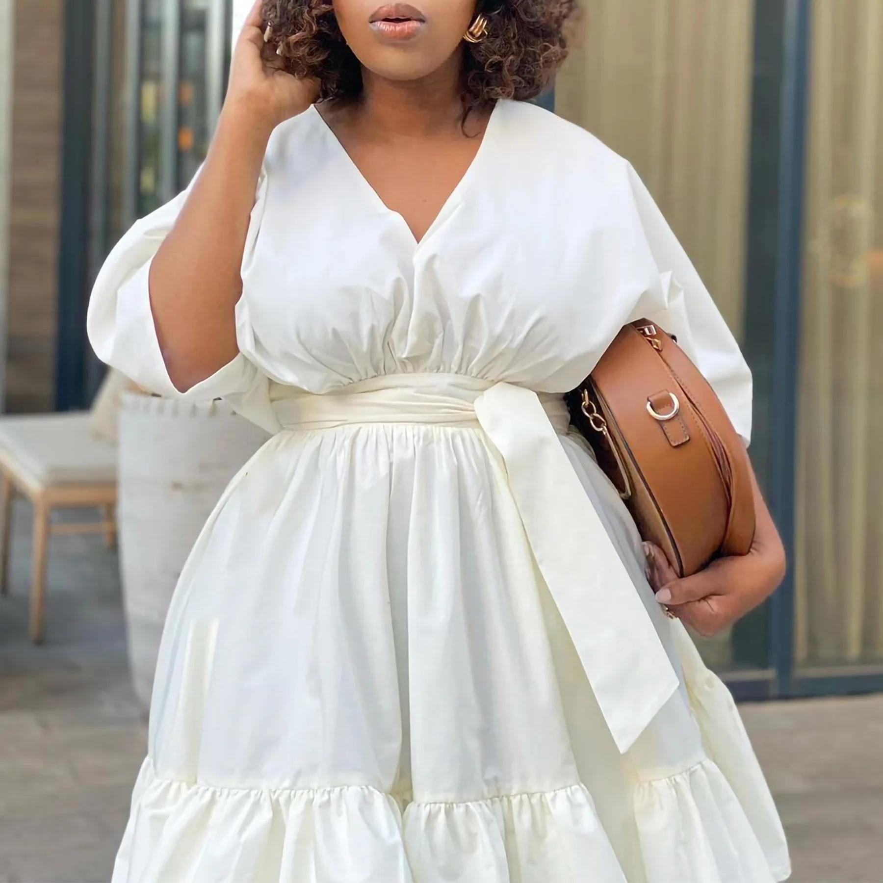 Plus Size Loose Casual Dress Female Wide Elegant Belt Clothing Luxury Dinner Evening Midi Robe 2024 Spring Women Party Dress