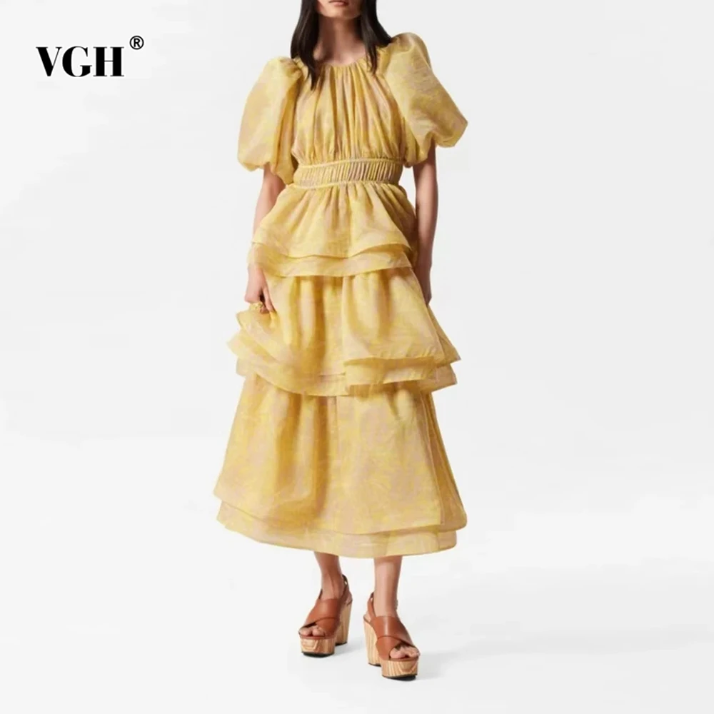 

VGH Casual Loose Spliced Folds Hit Color Dresses for Women Round Neck Puff Sleeve High Waist Temperament Dress Female Fashion
