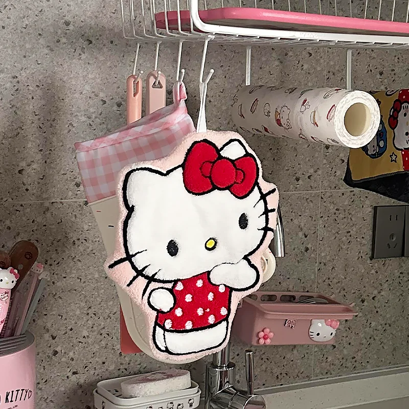 Olá kitty toalha de mão bonito keroppi dos desenhos animados toalha de lavagem pendurado tipo kawaii dupla camada engrossado absorvente de água coral veludo