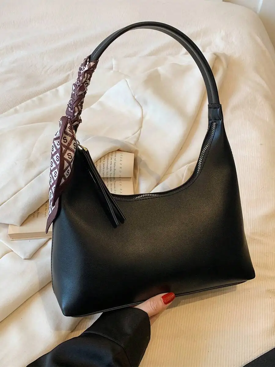 

Black Top-Handle Hobo Bag with Decorative Scarf Accent, Vegan Leather