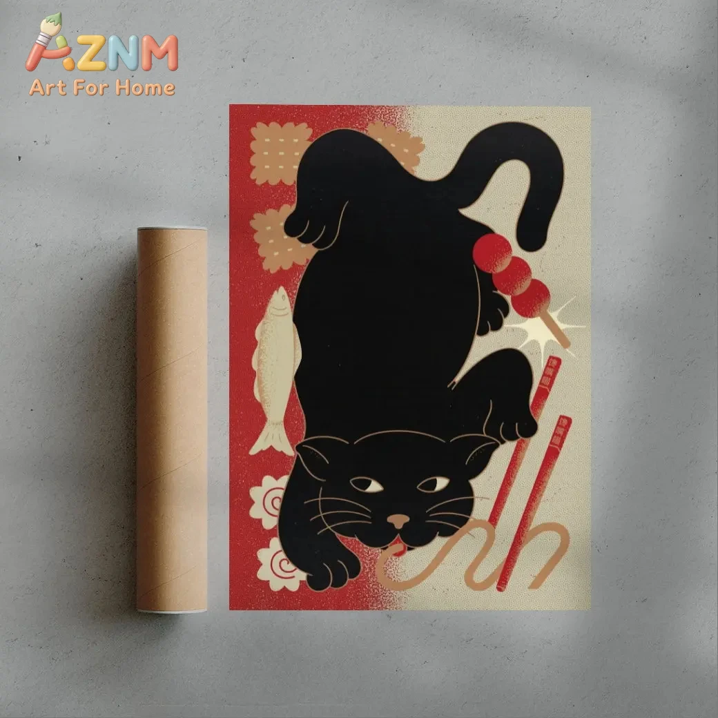 

Japanese Style Black Cat Framed Wall Art - Retro Asian Food Print Decor for Kitchen & Home
