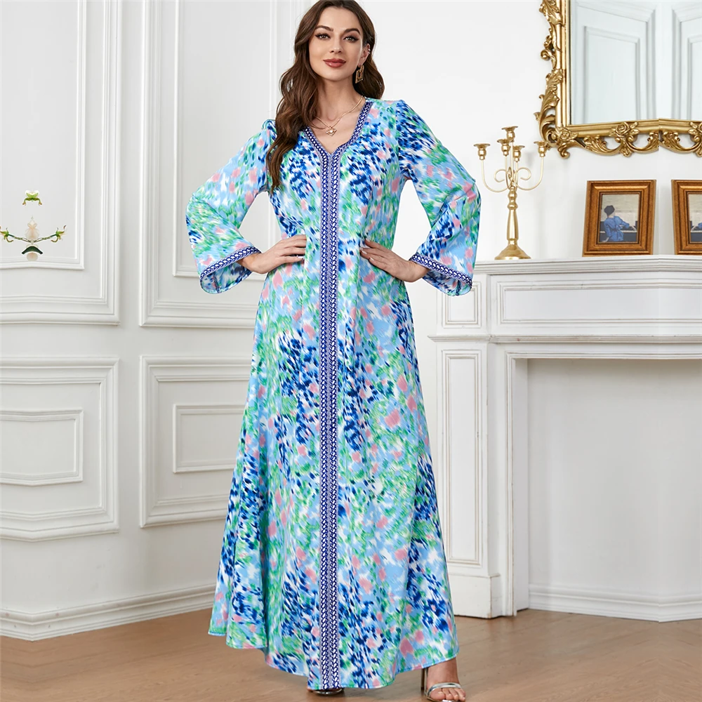 

Abayas for Women Dubai Party Dress Muslim Robe Elegant Floral Print Belted Kaftan Abaya Ramadan Eid Gulf Jalabiya Caftan Morocco