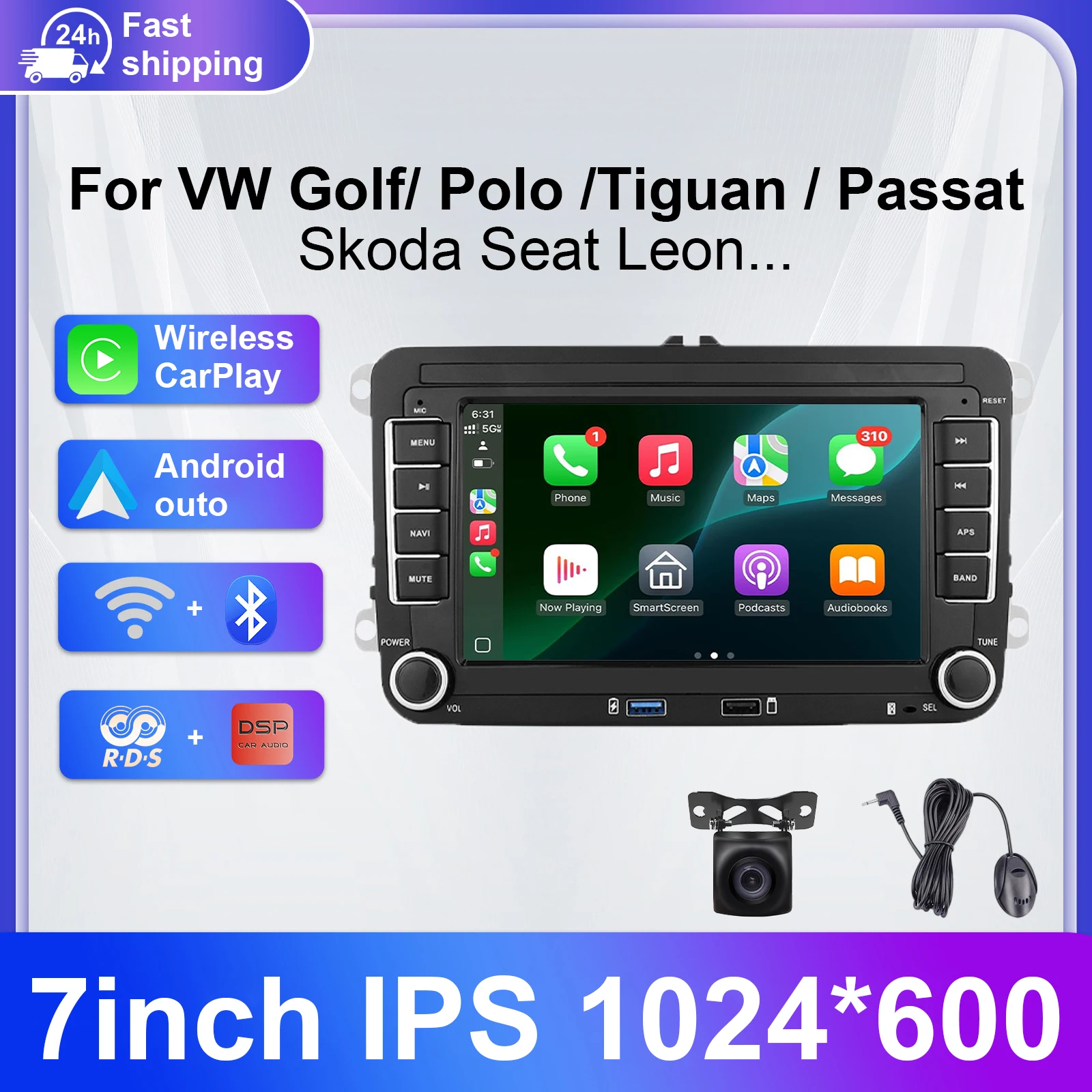 7" Wireless Carplay Android Auto Car Radio Multimedia Stereo MP5 For Volkswagen Skoda Octavia Golf 5 6 Touran Passat Polo Jeta