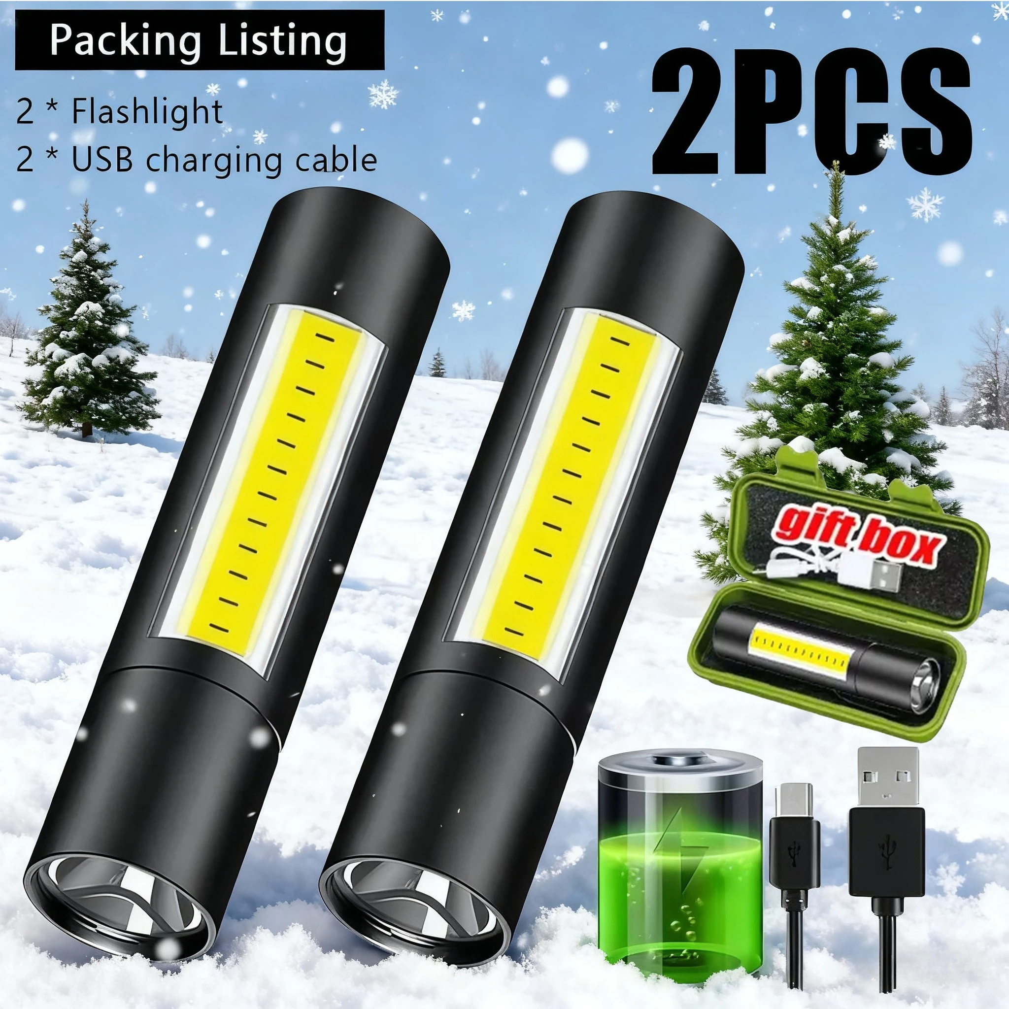 Christmas Lighting LED Flashlight Portable Torch Rechargeable Light Outdoor Camping Lantern Zoomable Focus Pocket Light