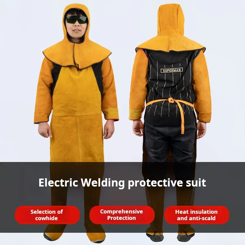 Equipamento de proteção para soldador, capas para pés de couro, xales resistentes ao calor, chapéus, roupas de trabalho de soldagem, aventais, roupas de soldagem