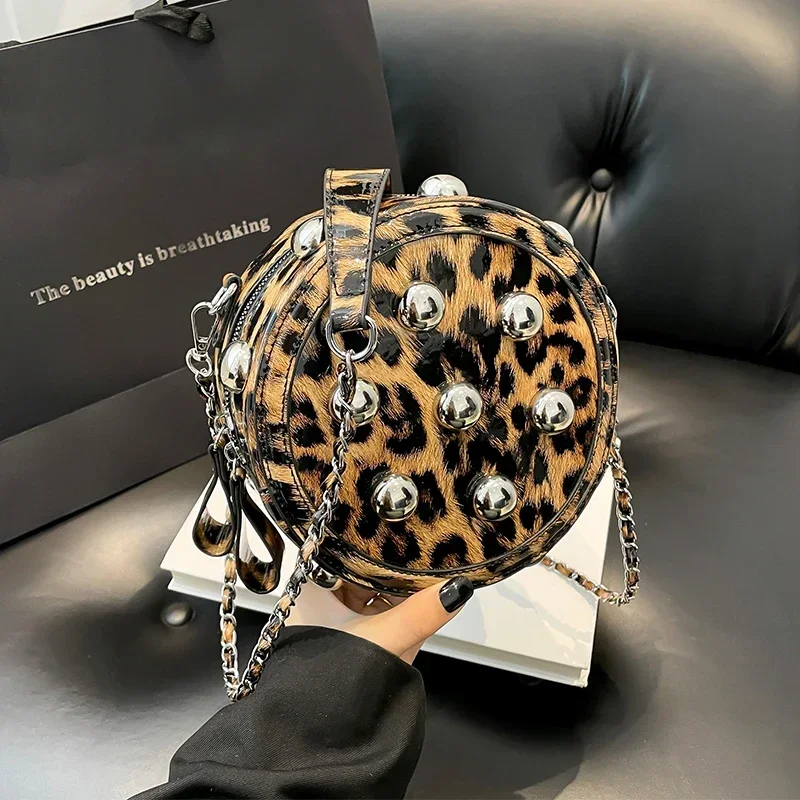 Leopard Print Handbag Luxury Rivet Studded Shoudler Bags For Women 2024 Mini Round Crossbody Bag PU Leather Purse Bolsa Circular