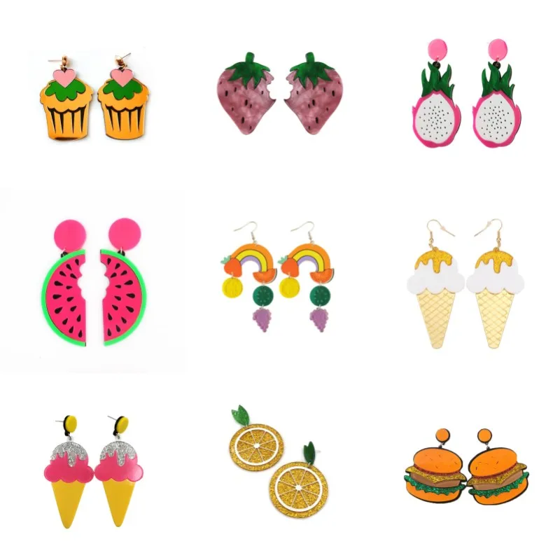 Acrylic Earrings For Women Fruit Banana Cherry Orange Ice cream Watermelon Strawberry Cake Hamburg Fashion Jewelry